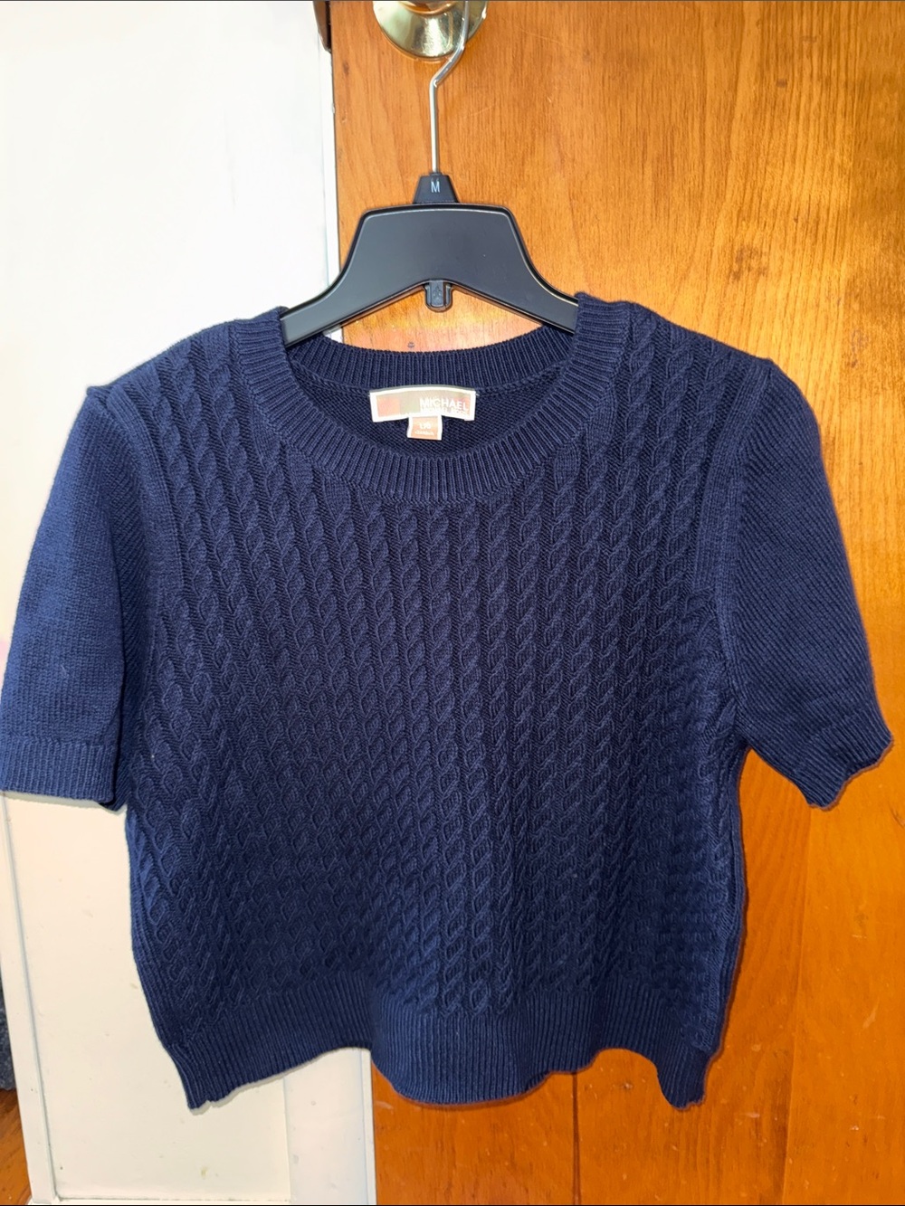 Michael Kors Navy Cable-Texture Short Sleeve Crewneck Sweater